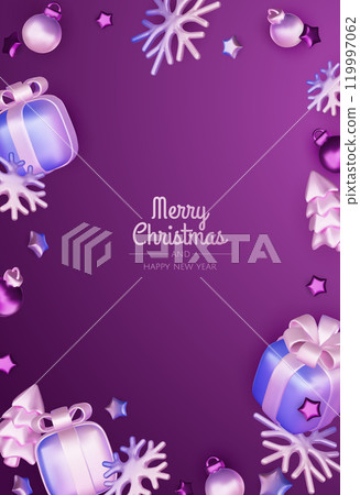 Merry Christmas and happy new year background. Christmas tree, Gift boxes, Christmas balls. Christmas element for web, banners, greeting card, template design. 119997062
