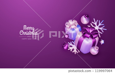 Merry Christmas and happy new year background. Christmas tree, Gift boxes, Christmas balls. Christmas element for web, banners, greeting card, template design. 119997064