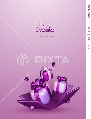 Happy New Year and Merry Christmas 2025. Christmas tree, Gift boxes, Christmas balls. Greeting card. Vector 3d rendering. 119997068