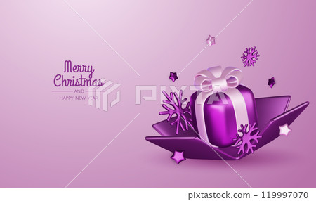Happy New Year and Merry Christmas. Christmas holiday background with realistic 3d objects, violet and white bauble balls, conical metal stars, gift. Levitation falling design composition. 119997070