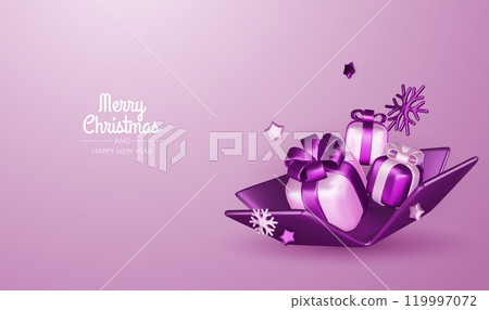 Merry Christmas and happy new year background. Christmas tree, Gift boxes, Christmas balls. Christmas element for web, banners, greeting card, template design. 119997072