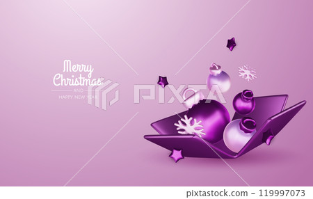 Happy New Year and Merry Christmas. Christmas holiday background with realistic 3d objects, violet and white bauble balls, conical metal stars, gift. Levitation falling design composition. 119997073