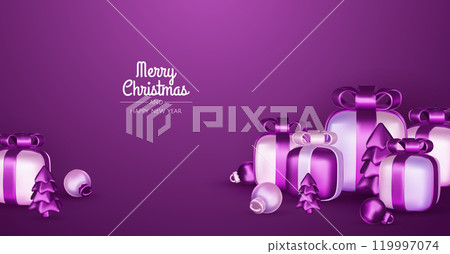 Merry Christmas and happy new year background. Christmas tree, Gift boxes, Christmas balls. Christmas element for web, banners, greeting card, template design. 119997074