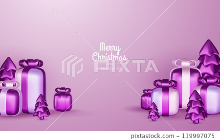 Happy New Year and Merry Christmas. Christmas holiday background with realistic 3d objects, violet and white bauble balls, conical metal stars, gift. Levitation falling design composition. 119997075