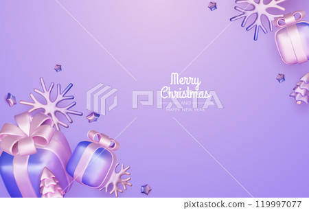 Happy New Year and Merry Christmas. Christmas holiday background with realistic 3d objects, violet and white bauble balls, conical metal stars, gift. Levitation falling design composition. Happy New Year and Merry Christmas. Christmas holiday background with realistic 3d objects, violet and white bauble balls, conical metal stars, gift. Levitation falling design composition. 119997077