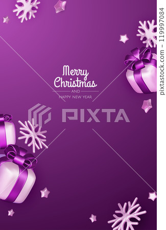 Merry Christmas and happy new year background. Christmas tree, Gift boxes, Christmas balls. Christmas element for web, banners, greeting card, template design. 119997084