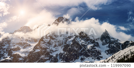 Mountain peaks near Morskie Oko or Sea Eye Lake in Poland at Winter. Tatras range Mountain peaks near Morskie Oko or Sea Eye Lake in Poland at Winter. Tatras range 119997090