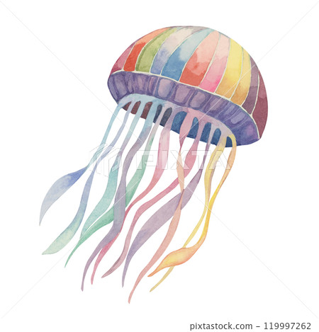 A vibrant jellyfish in pink, blue, and yellow. Rainbow aquatic creature watercolor clipart. Illustration for coastal-inspired merchandise, from T-shirts and tote bags to notebook covers and wall art A vibrant jellyfish in pink, blue, and yellow. Rainbow aquatic creature watercolor clipart. Illustration for coastal-inspired merchandise, from T-shirts and tote bags to notebook covers and wall art 119997262
