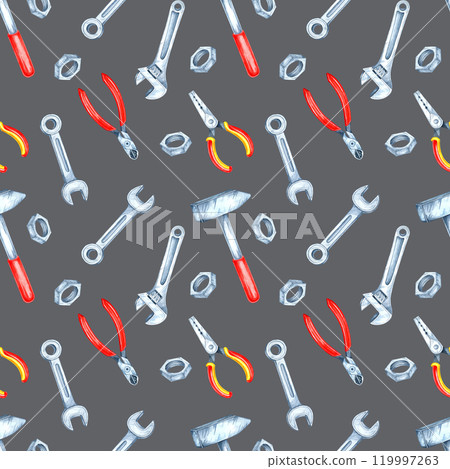 Gray background with red-handled pliers, nuts, and bolts in watercolor. Workshop tools clipart. This seamless pattern is ideal for stationery, gift wrap, or apparel for a subtle mechanical theme 119997263