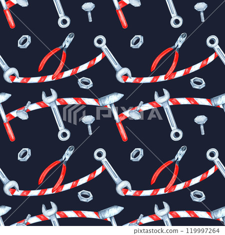 Dark background featuring rows of watercolor wrenches, bolts, and red pliers. This seamless pattern is ideal for bold packaging, textile prints, or themed accessories with a rugged look 119997264