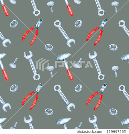 Green-gray background with watercolor wrenches and red pliers in a seamless pattern. Hardware tools clipart for gift wrap, apparel, or themed packaging with an industrial or DIY vibe Green-gray background with watercolor wrenches and red pliers in a seamless pattern. Hardware tools clipart for gift wrap, apparel, or themed packaging with an industrial or DIY vibe 119997265