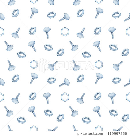 Watercolor nuts, bolts, and small screws in a soft blue-gray palette. Hardware tools, industrial essentials clipart. Seamless pattern for backgrounds on stationery, packaging, or decor items Watercolor nuts, bolts, and small screws in a soft blue-gray palette. Hardware tools, industrial essentials clipart. Seamless pattern for backgrounds on stationery, packaging, or decor items 119997266