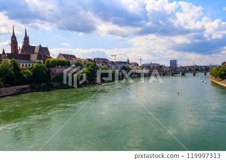 Beautiful panoramic view of Basel city and the Rhine river in Switzerland Beautiful panoramic view of Basel city and the Rhine river in Switzerland 119997313
