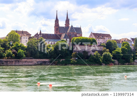 Beautiful panoramic view of Basel city and the Rhine river in Switzerland 119997314