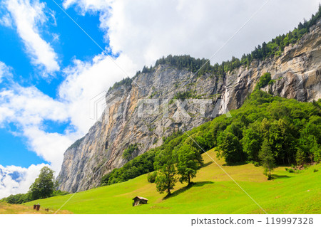 View of Lauterbrunnen Valley in Bernese Oberland, Switzerland. Switzerland nature and travel. Alpine scenery View of Lauterbrunnen Valley in Bernese Oberland, Switzerland. Switzerland nature and travel. Alpine scenery 119997328