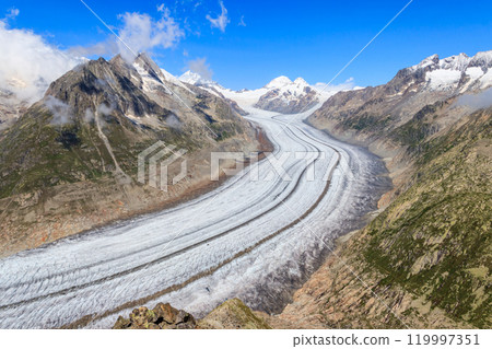 Beautiful view of the Great Aletsch Glacier in Valais canton, Switzerland. View from Eggishorn 119997351
