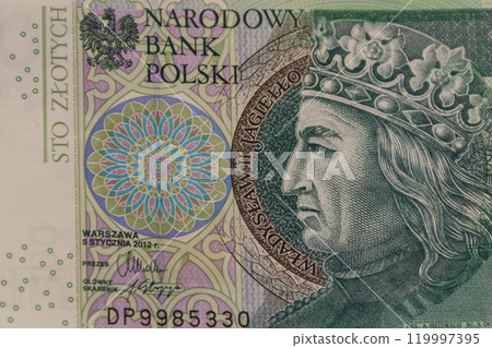 Macro shot of one hundred polish zloty banknote Macro shot of one hundred polish zloty banknote 119997395