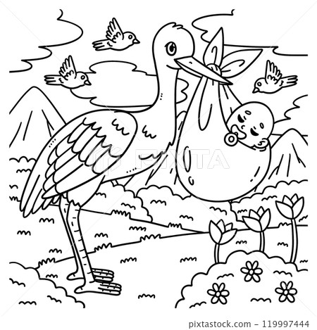 Baby Shower Stork Carrying a Baby Coloring Page Baby Shower Stork Carrying a Baby Coloring Page 119997444