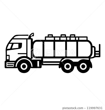 fuel tanker icon or modern line symbol. Vector line art and icon design with bold outline. Black and white Pixel Perfect minimalistic symbol isolated white background. Silhouette simple thin sign fuel tanker icon or modern line symbol. Vector line art and icon design with bold outline. Black and white Pixel Perfect minimalistic symbol isolated white background. Silhouette simple thin sign 119997631