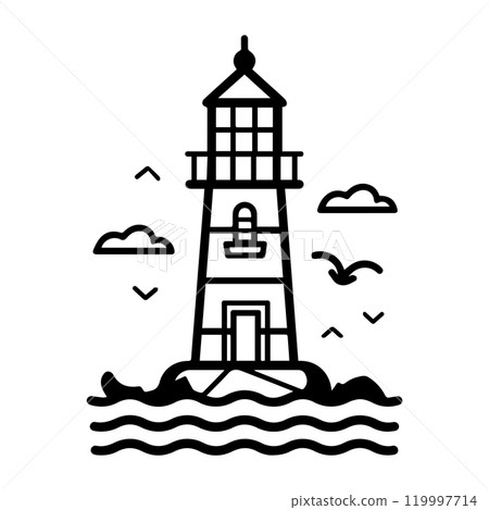 lighthouse icon or modern line symbol. Vector line art and icon design with bold outline. Black and white Pixel Perfect minimalistic symbol isolated white background. Silhouette simple thin sign 119997714