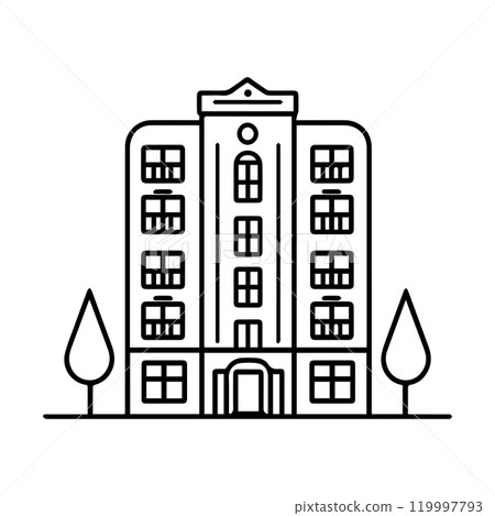 hotel icon or modern line symbol. Vector line art and icon design with bold outline. Black and white Pixel Perfect minimalistic symbol isolated white background. Silhouette simple thin sign 119997793