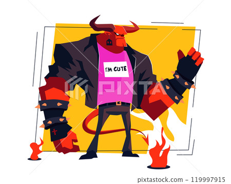 Red Devil with cute Shirt, vector illustration. Cartoon demon character wearing a pink T-shirt. A demon character with red skin, horns and a tail. Cute monster isolated white background 119997915