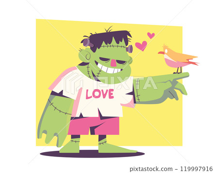 Vector illustration of monster wearing pink shorts and white shirt with LOVE text written on it, holding his hand out to birds that he is smiling. Cute and cheerful monster 119997916