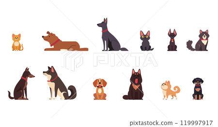 Set vector illustration cats and dogs in different poses. Isolated icons cartoon characters at different age pets. 119997917