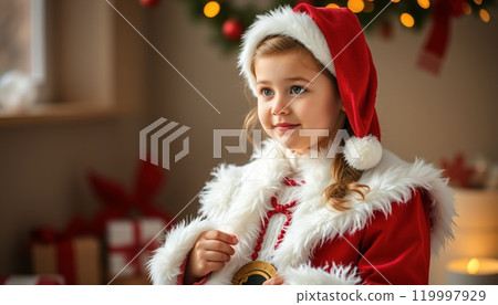 Girl dressed as Santa 119997929