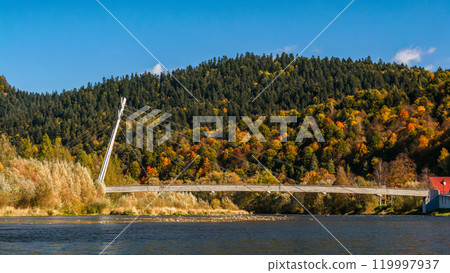 Scenic Mountain Landscape as seen from the raft traveling along Dunajec river gorge Scenic Mountain Landscape as seen from the raft traveling along Dunajec river gorge 119997937