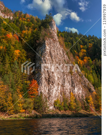Scenic Mountain Landscape as seen from the raft traveling along Dunajec river gorge 119997939