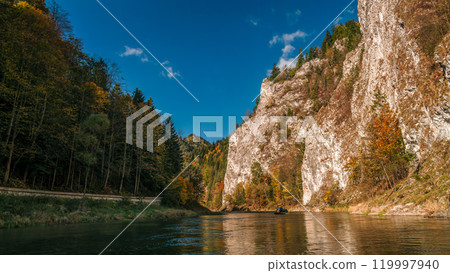Scenic Mountain Landscape as seen from the raft traveling along Dunajec river gorge 119997940