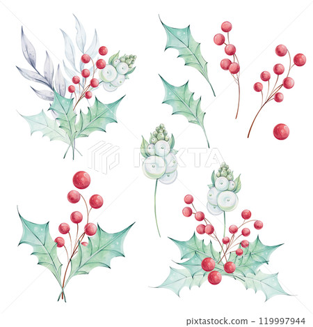 Christmas set of watercolor bouquets with holly green leaves and red berries in vintage style. Winter composition, decor in retro style. Illustration hand drawn for design, printing, greeting cards Christmas set of watercolor bouquets with holly green leaves and red berries in vintage style. Winter composition, decor in retro style. Illustration hand drawn for design, printing, greeting cards 119997944