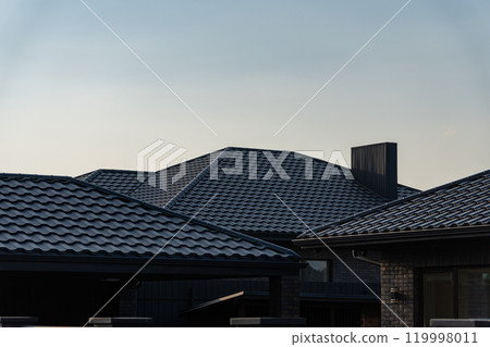 The rooftops of contemporary houses are silhouetted against a serene evening sky, highlighting their sleek design and tiles as the day transitions to night 119998011