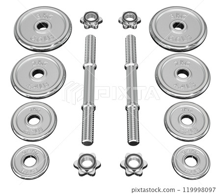 Parts of cast iron chrome Adjustable Dumbbel, rod handle, weight plates, spin lock collars isolated on white background. 3D illustration 119998097