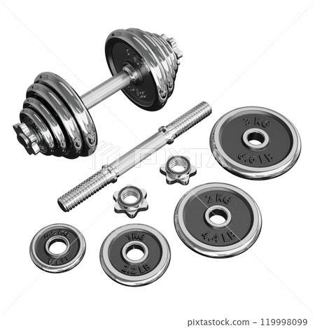 Chrome Adjustable Dumbbel and one taken apart with rod handle, weight plates and locks isolated on white background. 3D illustration 119998099