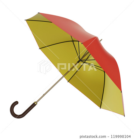 Open red and golden yellow umbrella with black handle lying on a side or flying away, isolated on white background. 3D illustration 119998104