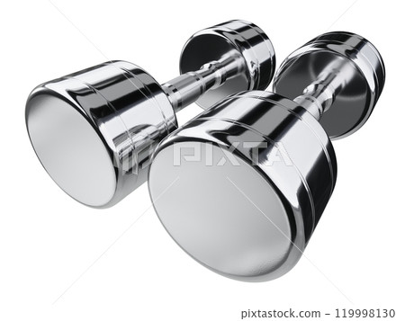 Two blank Round Dumbbells, chrome weightlifting gym equipment wide angle view, isolated on white background. 3D illustration 119998130