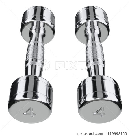 Two blank Round Dumbbells with number 4, chrome weightlifting gym equipment, isolated on white background. 3D illustration Two blank Round Dumbbells with number 4, chrome weightlifting gym equipment, isolated on white background. 3D illustration 119998133