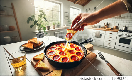 A delicious pepperoni pizza dip in a cast iron skillet, set on a light wooden table in a bright, modern kitchen. The bubbling cheese and crispy pepperoni slices take center stage, with a hand dipping 119998243