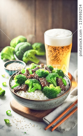 Two bowls filled with tender beef and fresh broccoli served over fluffy white rice, topped with sesame seeds. The scene is set on a marble countertop, accompanied by a cold beer, creating a cozy and 119998254