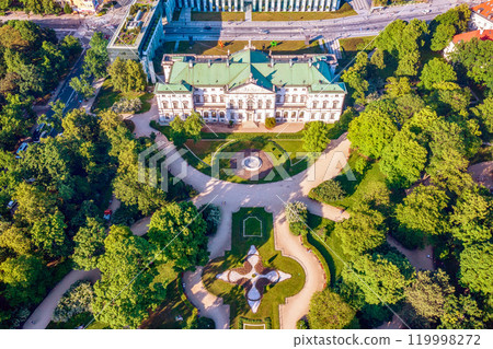 Krasinski Palace and National Library in Warsaw, Poland, view from above with green park 119998272