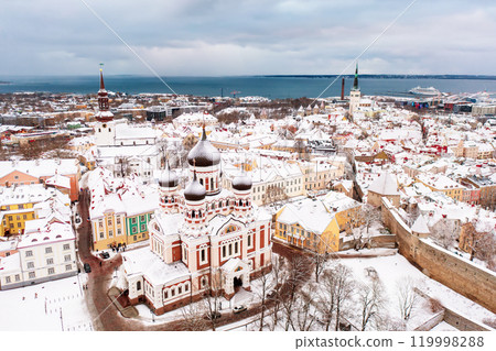 Aerial View of Tallinn in winter with Alexander Nevsky Cathedral, roofs with snow, Christmas mood 119998288