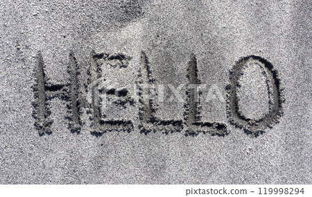 Business hello and welcome concept. Concept word Hello written on beautiful ocean sand beach. Beautiful ocean sand beach background, copy space. Business hello and welcome concept. Business hello and welcome concept. Concept word Hello written on beautiful ocean sand beach. Beautiful ocean sand beach background, copy space. Business hello and welcome concept. 119998294