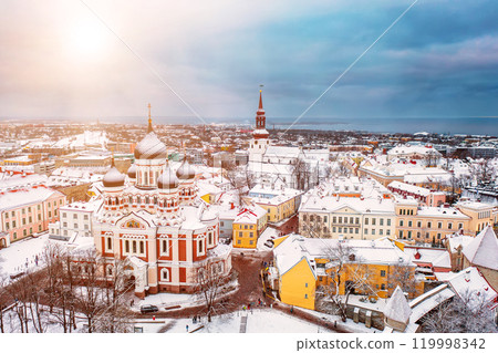 Aerial View of Tallinn in winter with Alexander Nevsky Cathedral, roofs with snow, Christmas mood 119998342