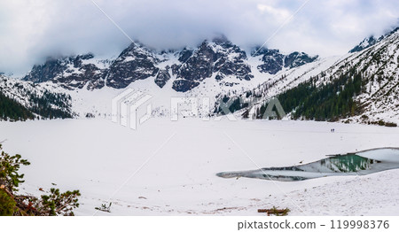 Frozen Lake Morskie Oko or Sea Eye Lake in Poland at Winter. Panoramic view Frozen Lake Morskie Oko or Sea Eye Lake in Poland at Winter. Panoramic view 119998376