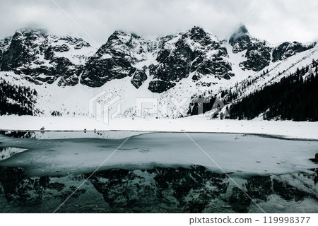 Frozen Lake Morskie Oko or Sea Eye Lake in Poland at Winter. 119998377