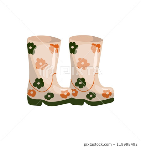 Rubber boots vector illustration. Personal protective equipment, footwear. Industrial waterproof shoes. Foot protection. Beige gumboots with flowers, galoshes isolated on white background. 119998492