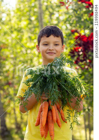A smiling boy in yellow t-shirt is holding a big bunch of large orange carrots with leaves in the autumn garden near green and red trees. A smiling boy in yellow t-shirt is holding a big bunch of large orange carrots with leaves in the autumn garden near green and red trees. 119998494