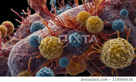 Dynamically invading microbial infection, cancer cells, or bacteria in tissue avoiding immune system, and consume delicate tissues. Vivid microscopic illustration of a disease mechanism. AI-generated. 119998638